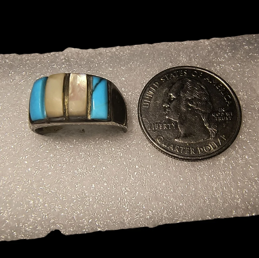 Vintage Unisex Turquoise, MOP Shell, & Sterling Silver Southwestern Ring